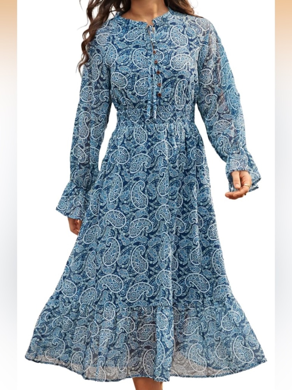 Blue Paisley Button-Front Maxi Dress with Ruffled Hem